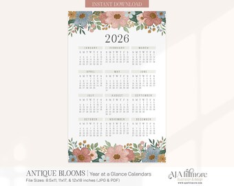 2026 Year at a Glance Calendar, 2026 Wall Calendar, 2025 Digital wall calendar, Printable Calendar, 2026 Year at a Glance Printable Calendar