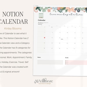 May include: A printable Notion calendar template with a floral design and the text "live one day at a time". The calendar is for January 2024 and includes a notes section and a to-do list.