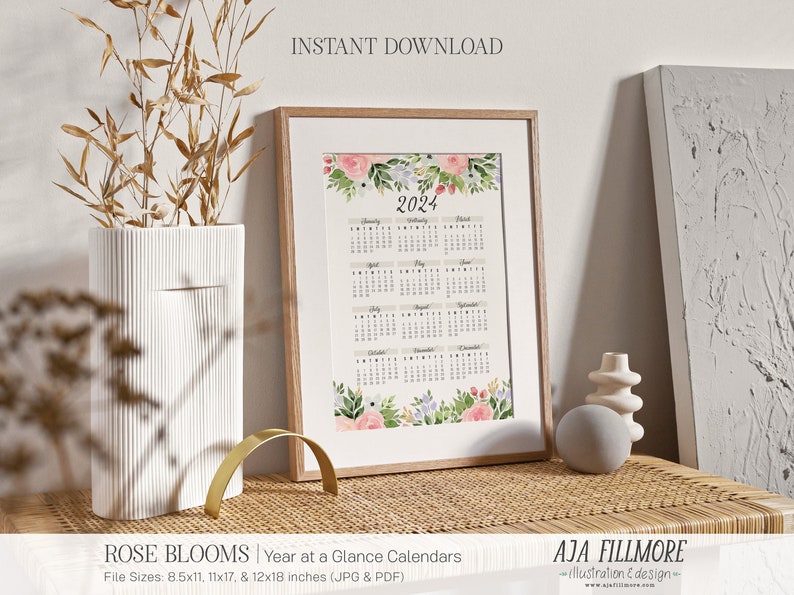 2024 Year at a Glance Calendar, 2024 Wall Calendar, 2024 Digital Wall