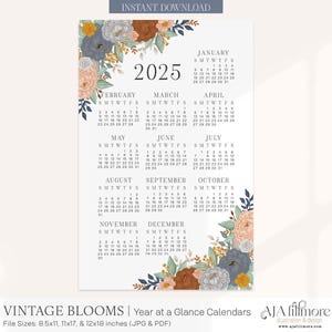 Floral 2025 Year at a Glance Calendar, 2025 Wall Calendar, Digital Calendar, Printable Calendar, 2025 Year at a Glance Printable Calendar