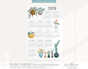 2026 jaar in één oogopslag kalender, 2026 wandkalender, digitale kalender, afdrukbare kalender, 2026 jaar in één oogopslag afdrukbare kalender, planten