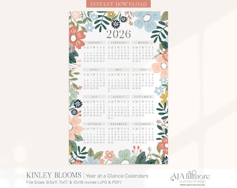 2026 Year at a Glance Calendar, 2026 Wall Calendar, 2025 Digital wall calendar, Printable Calendar, 2026 Year at a Glance Printable Calendar