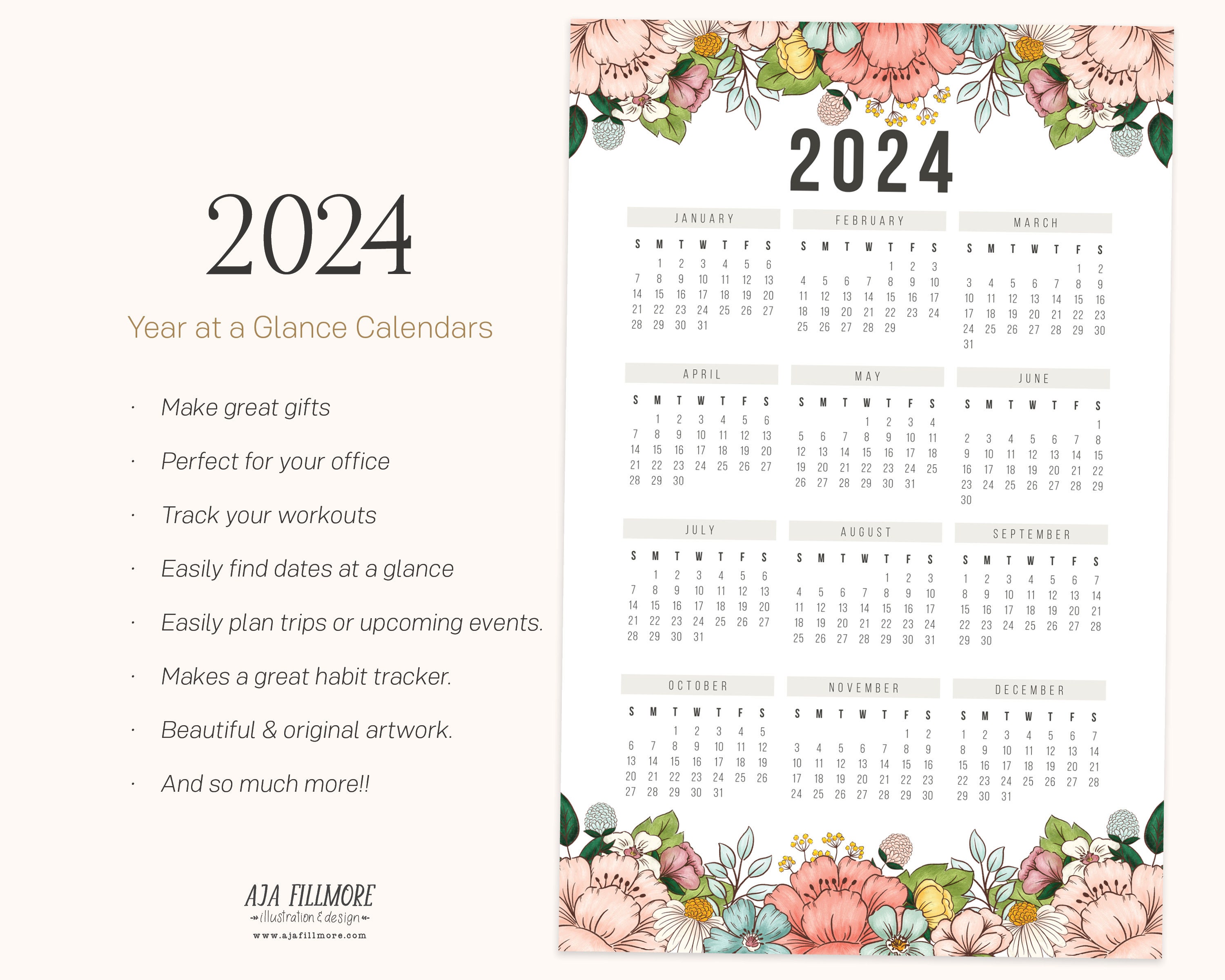 2024 Year at a Glance Calendar, 2024 Wall Calendar, 2024 Digital Wall ...