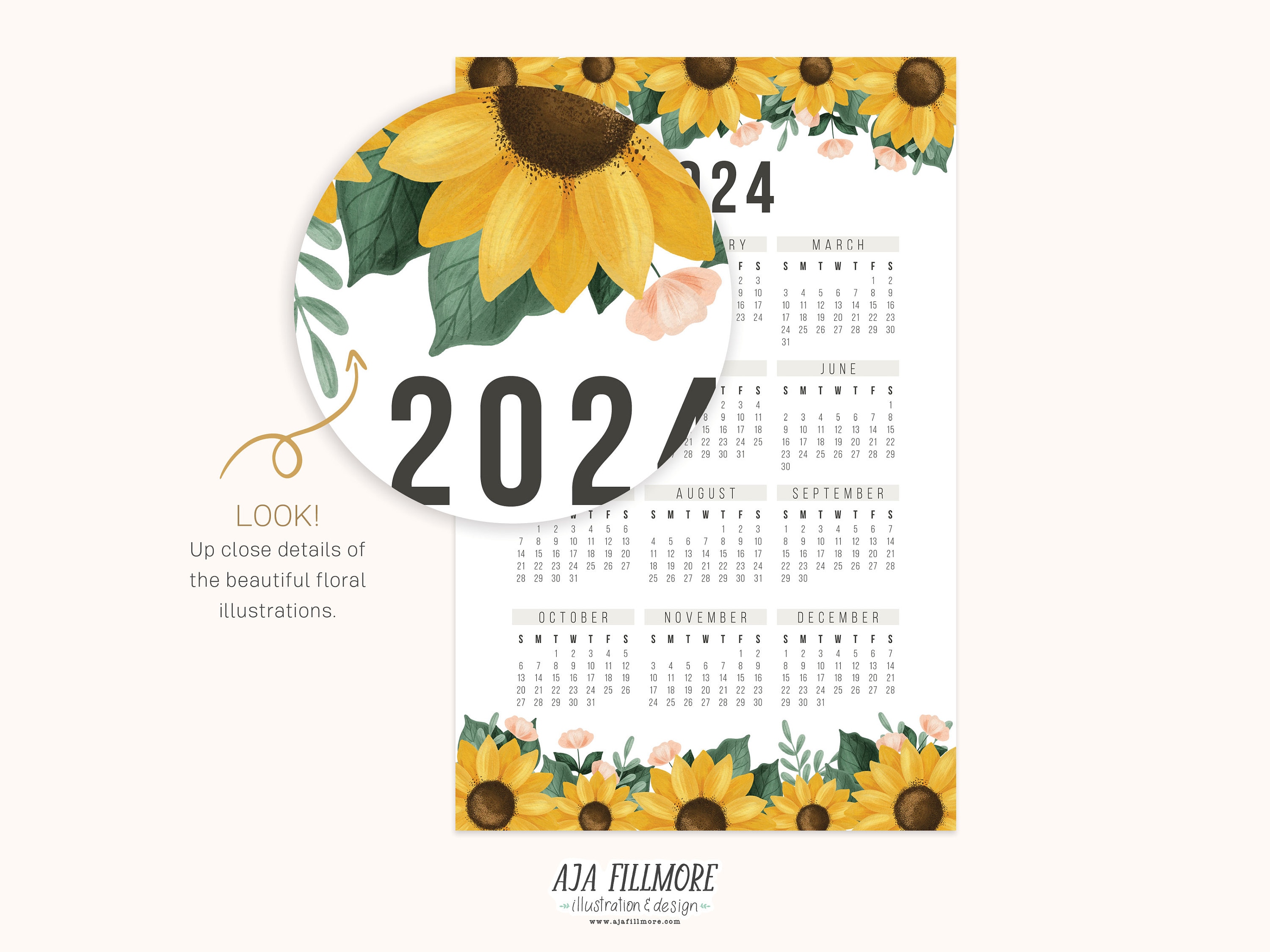 2024 Year at a Glance Calendar, 2024 Wall Calendar, 2024 Digital Wall Calendar, Printable