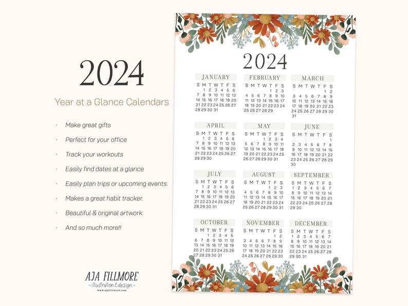 2024 Year at a Glance Calendar 2024 Wall Calendar 2024 Etsy Canada