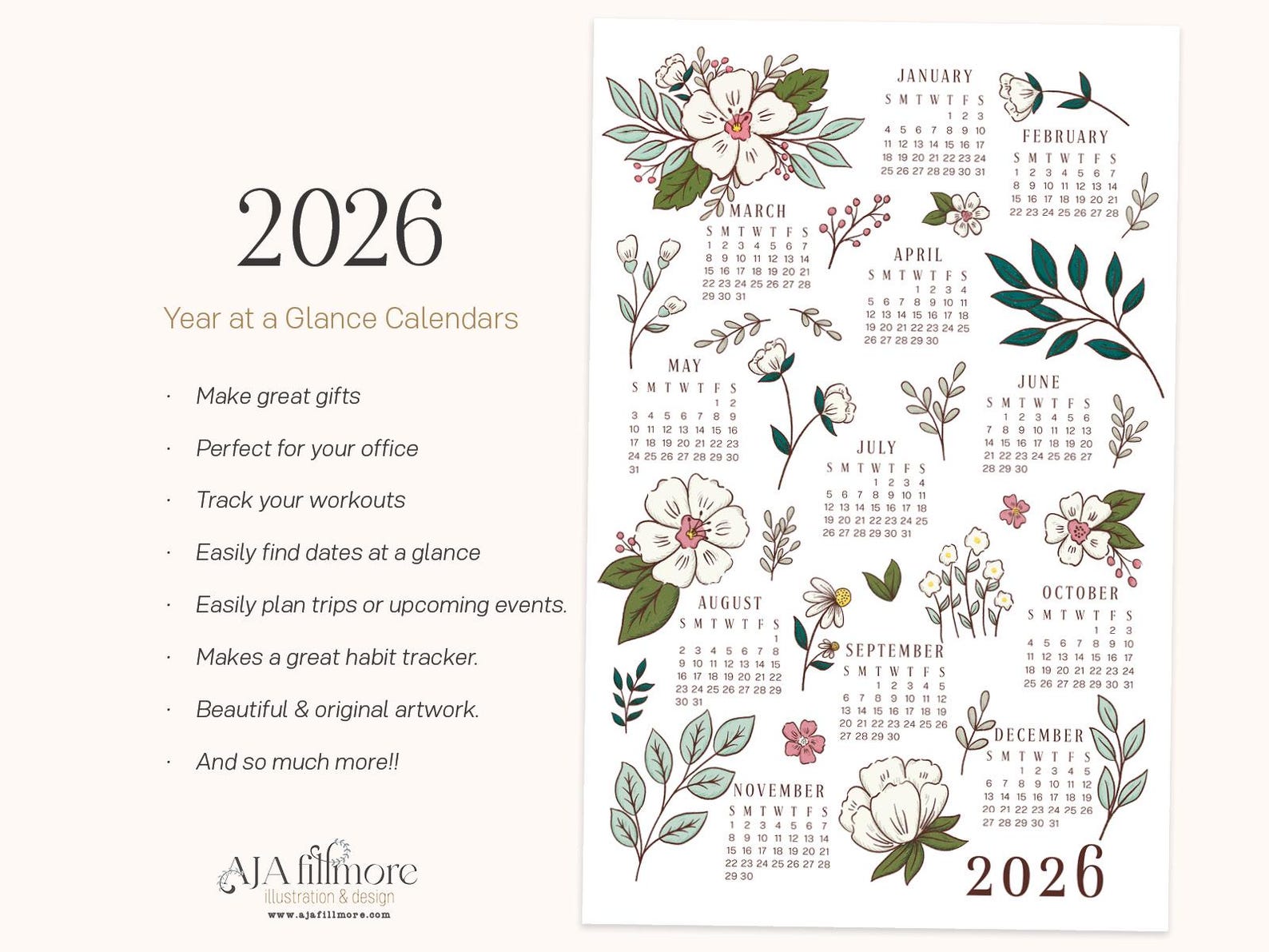 2026 Year at a Glance Calendar, 2026 Wall Calendar, 2025 Digital Wall ...