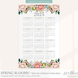 Floral 2025 Year at a Glance Calendar, 2025 Wall Calendar, Digital Calendar, Printable Calendar, 2025 Year at a Glance Printable Calendar