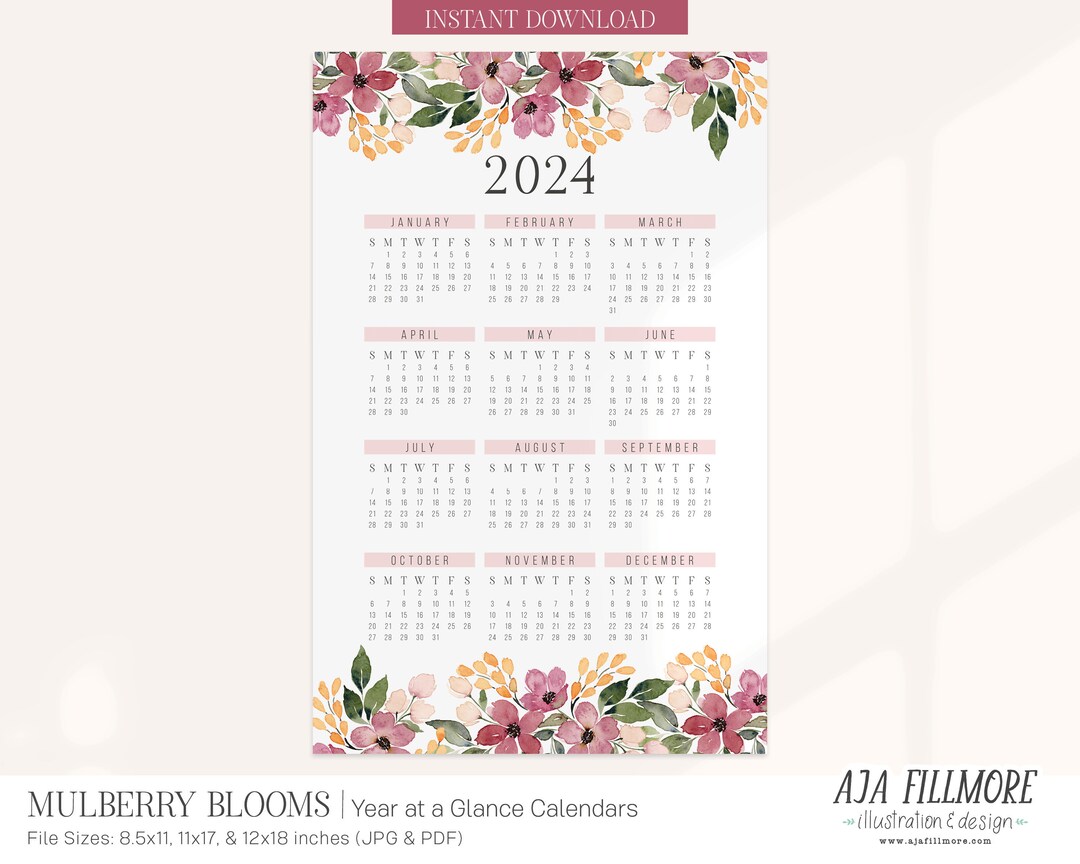 2024 Year at a Glance Calendar, 2024 Wall Calendar, 2024 Digital Wall