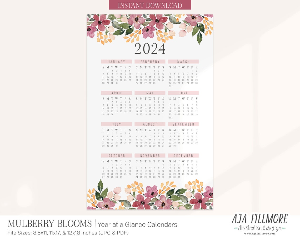 2024 Year at a Glance Calendar, 2024 Wall Calendar, 2024 Digital Wall 