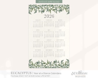 2026 Year at a Glance Calendar, 2026 Wall Calendar, 2026 Digital wall calendar, Printable Calendar, 2026 Year at a Glance Printable Calendar