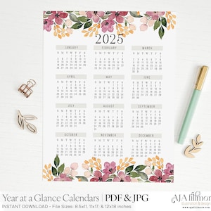 2025 Year at a Glance Calendar, 2025 Wall Calendar, 2025 Digital wall calendar, Printable Calendar, 2025 Year at a Glance Printable Calendar