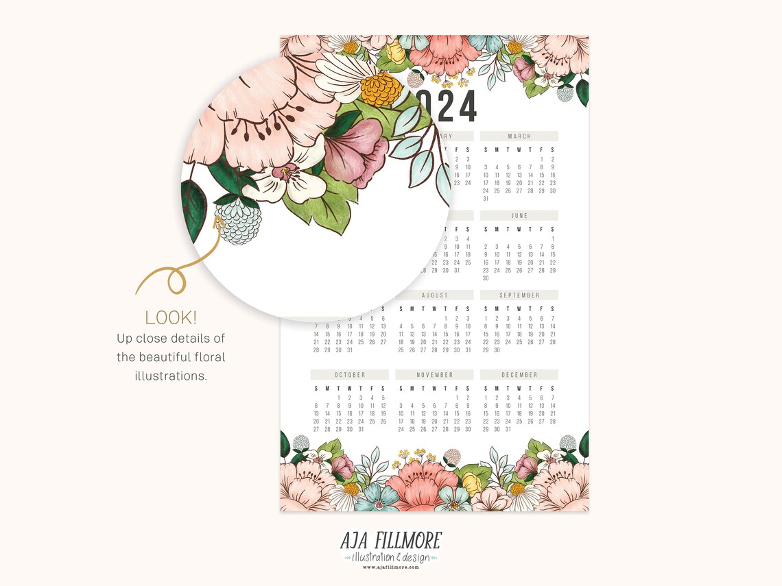 2024 Year at a Glance Calendar, 2024 Wall Calendar, 2024 Digital Wall