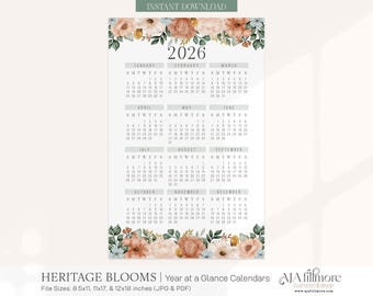 2026 Year at a Glance Calendar, 2026 Wall Calendar, 2026 Digital wall calendar, Printable Calendar, 2026 Year at a Glance Printable Calendar
