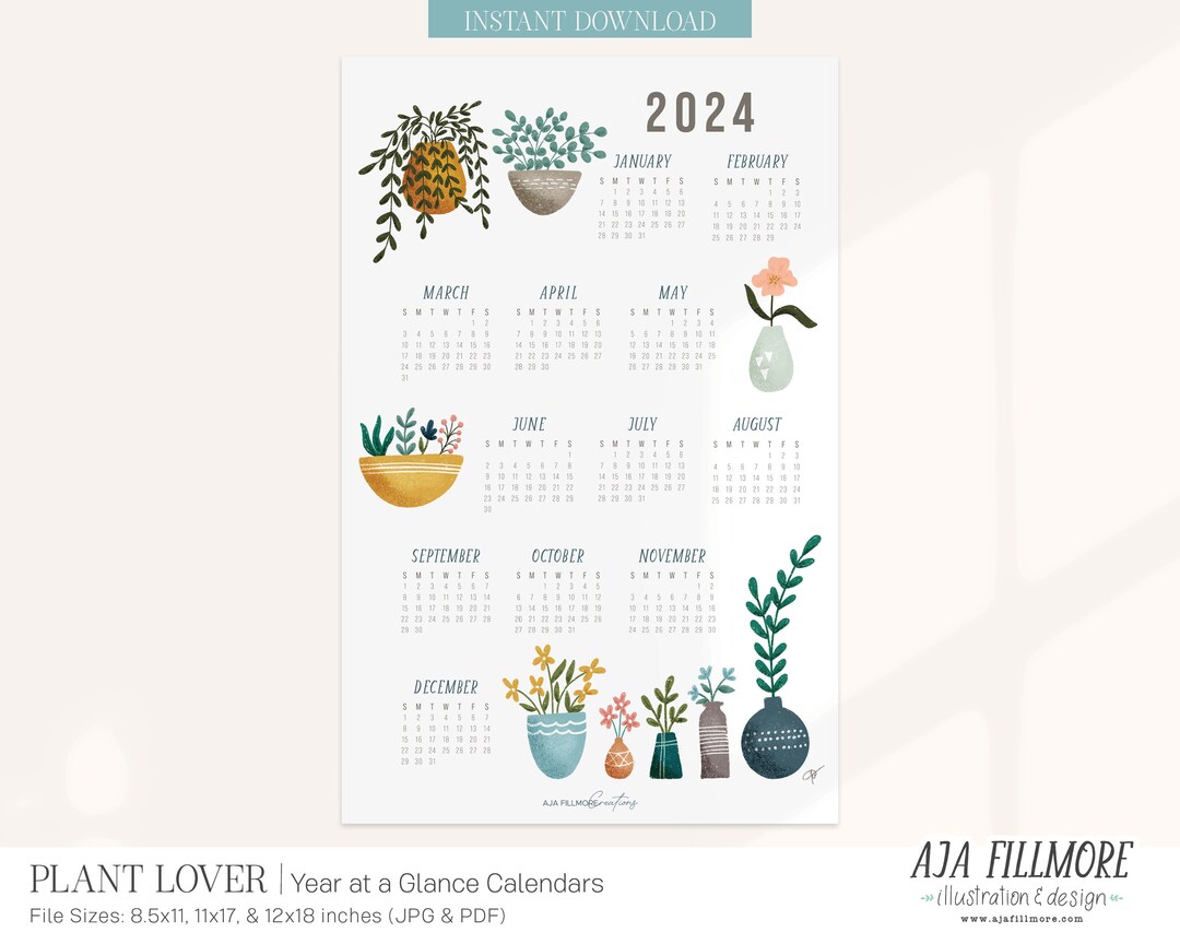 2024 Year at a Glance Calendar, 2024 Wall Calendar, 2024 Digital Wall