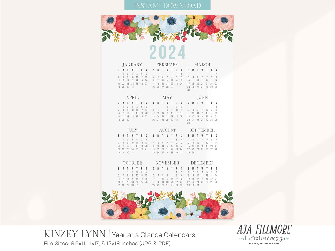 2024 Year at a Glance Calendar, 2024 Wall Calendar, 2024 Digital Wall