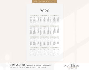 2026 Year at a Glance Calendar, 2026 Wall Calendar, 2025 Digital wall calendar, Printable Calendar, 2026 Year at a Glance Printable Calendar