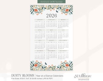 2026 Year at a Glance Calendar, 2026 Wall Calendar, 2026 Digital wall calendar, Printable Calendar, 2026 Year at a Glance Printable Calendar