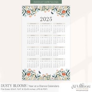 2025 Year at a Glance Calendar, 2025 Wall Calendar, 2025 Digital wall calendar, Printable Calendar, 2025 Year at a Glance Printable Calendar