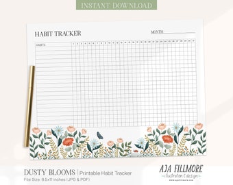 Floral Habit Tracker Printable PDF, 30 Day Habit Challenge, Monthly Routine & Goal Tracker, Instant Download