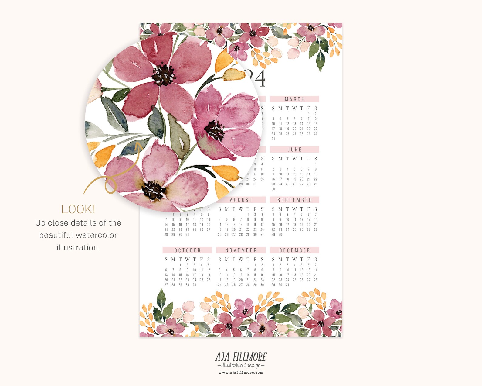 2024 Year at a Glance Calendar, 2024 Wall Calendar, 2024 Digital Wall