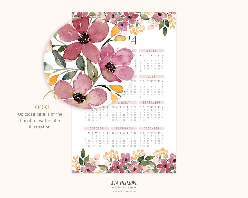 2024 Year at a Glance Calendar, 2024 Wall Calendar, 2024 Digital Wall