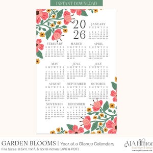 May include: A floral 2026 year-at-a-glance calendar with pink flowers and green leaves. The calendar includes the months January through December, with each month's days listed. The words "INSTANT DOWNLOAD" are at the top.