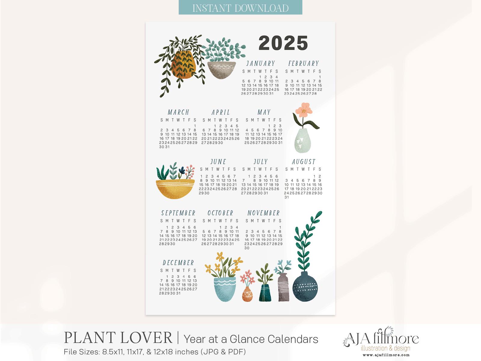 2025 Year at a Glance Calendar, 2025 Wall Calendar, Digital