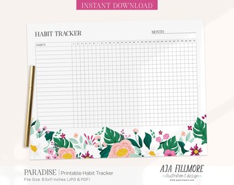 Printable Habit Tracker, Routine Tracker, 30 Day Habit Challenge, Monthly Goal Tracker, Habit Tracker, Goal Tracker, Floral Habit Tracker