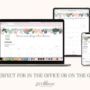 May include: A floral desktop calendar design for a computer, tablet, and phone. The design features a floral border with the text "live one day at a time". The calendar is for January 2023.