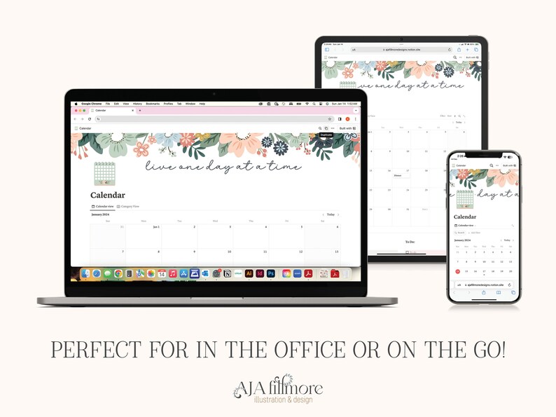 May include: A floral desktop calendar design for a computer, tablet, and phone. The design features a floral border with the text "live one day at a time". The calendar is for January 2023.