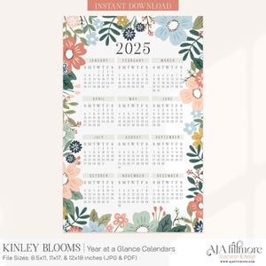 2025 Year at a Glance Calendar, 2025 Wall Calendar, 2025 Digital wall calendar, Printable Calendar, 2025 Year at a Glance Printable Calendar