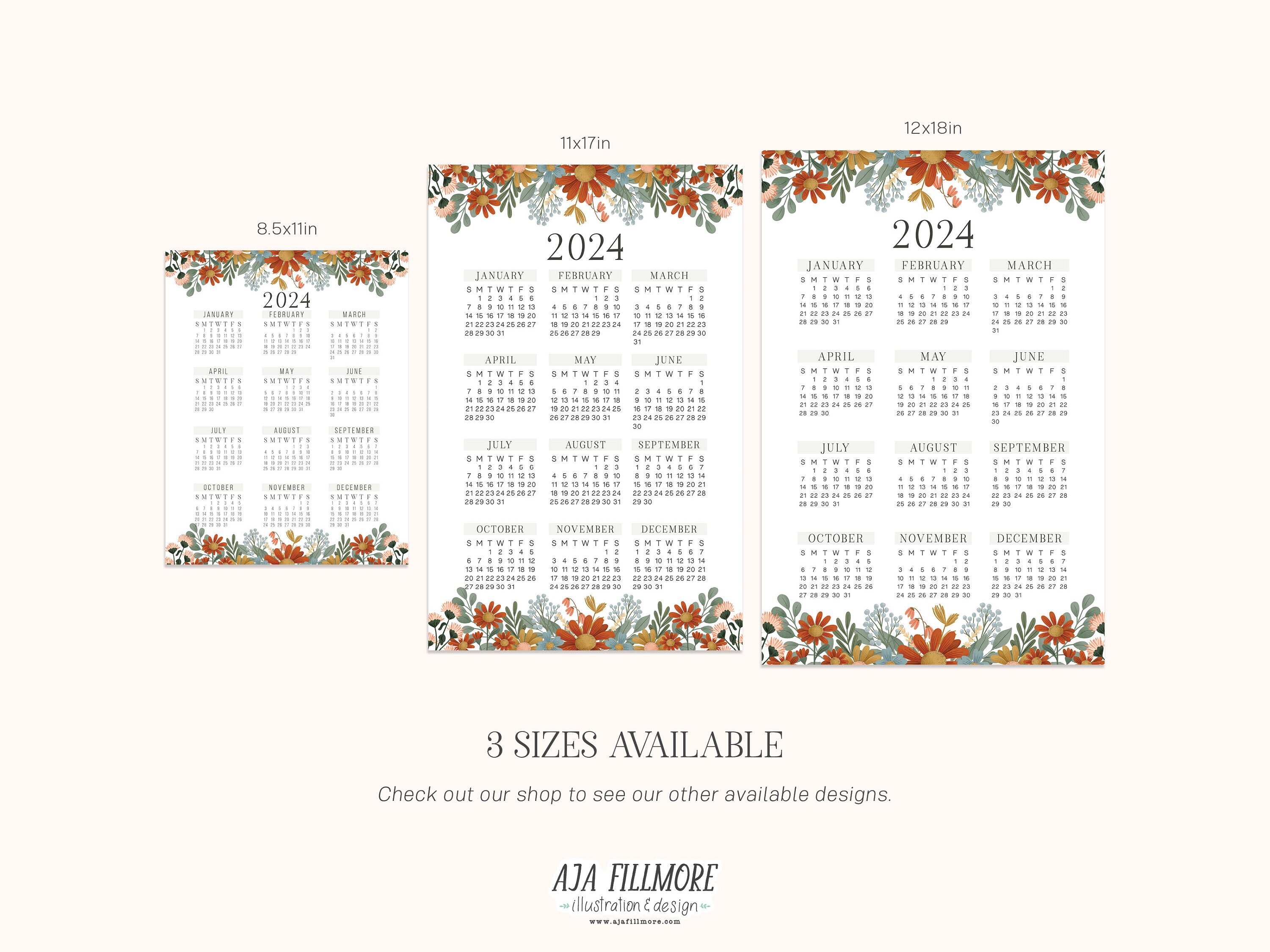 2024 Year at a Glance Calendar, 2024 Wall Calendar, 2024 Digital Wall