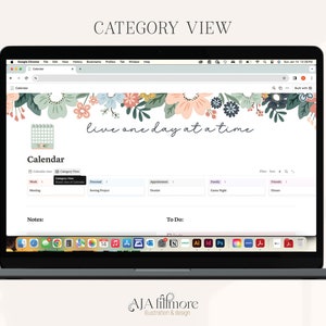 May include: A laptop computer screen displaying a calendar app with a floral design and the text "live one day at a time". The calendar app is in "Category View" mode and shows different categories for events, such as "Work", "Personal", "Appointments", "Family", and "Friends".
