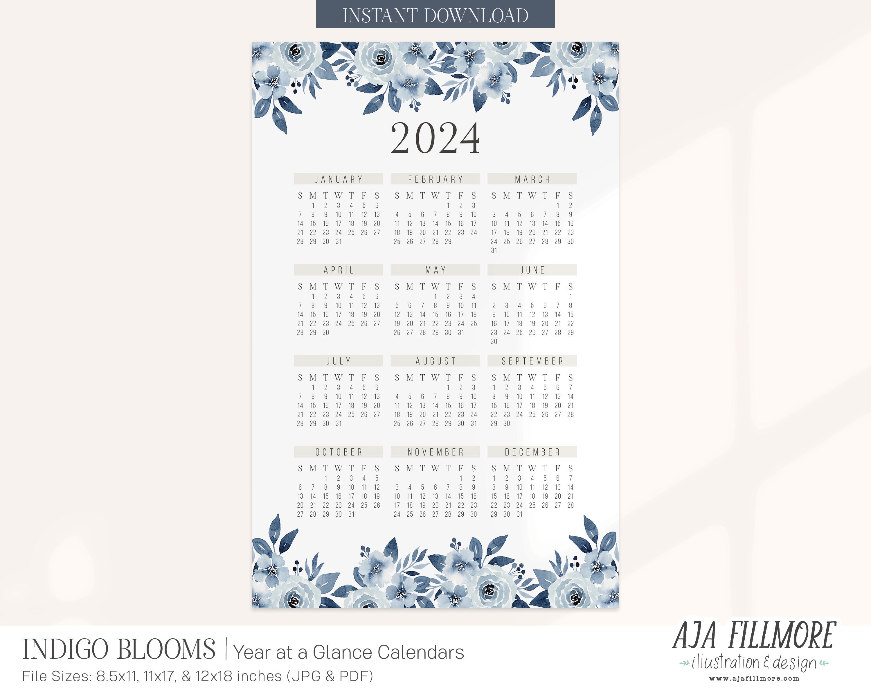 2024 Year at a Glance Calendar, 2024 Wall Calendar, 2024 Digital Wall