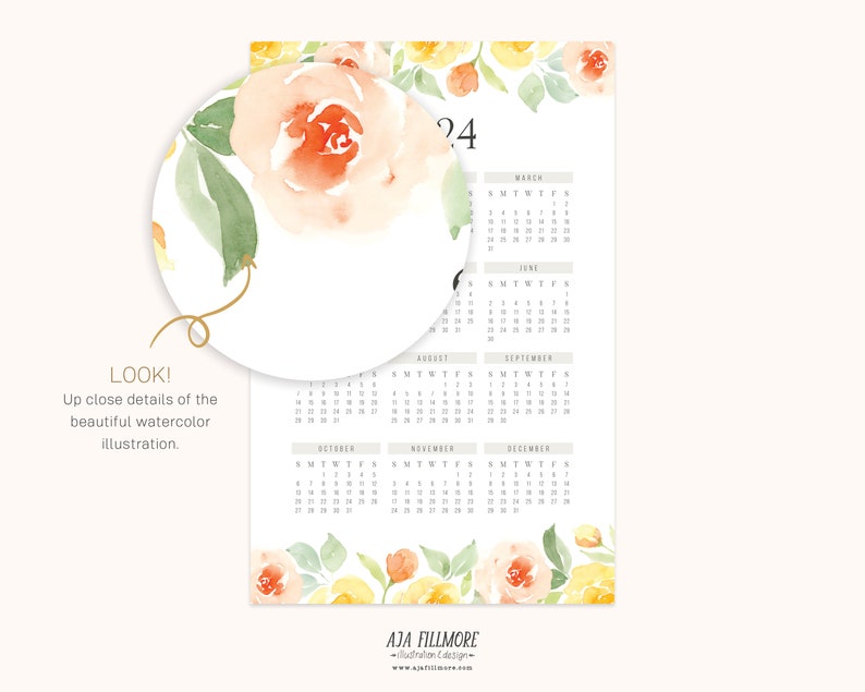 2024 Year at a Glance Calendar, 2024 Wall Calendar, 2024 Digital Wall