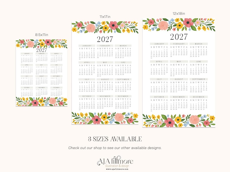 2027 Printable Calendar, Floral Year at a Glance PDF, One Page Wall Art ...