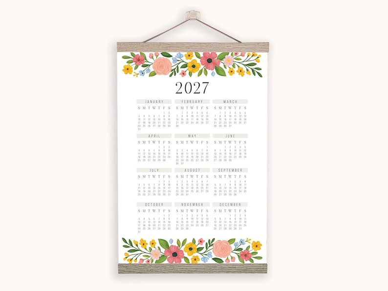 2027 Printable Calendar, Floral Year at a Glance PDF, One Page Wall Art ...