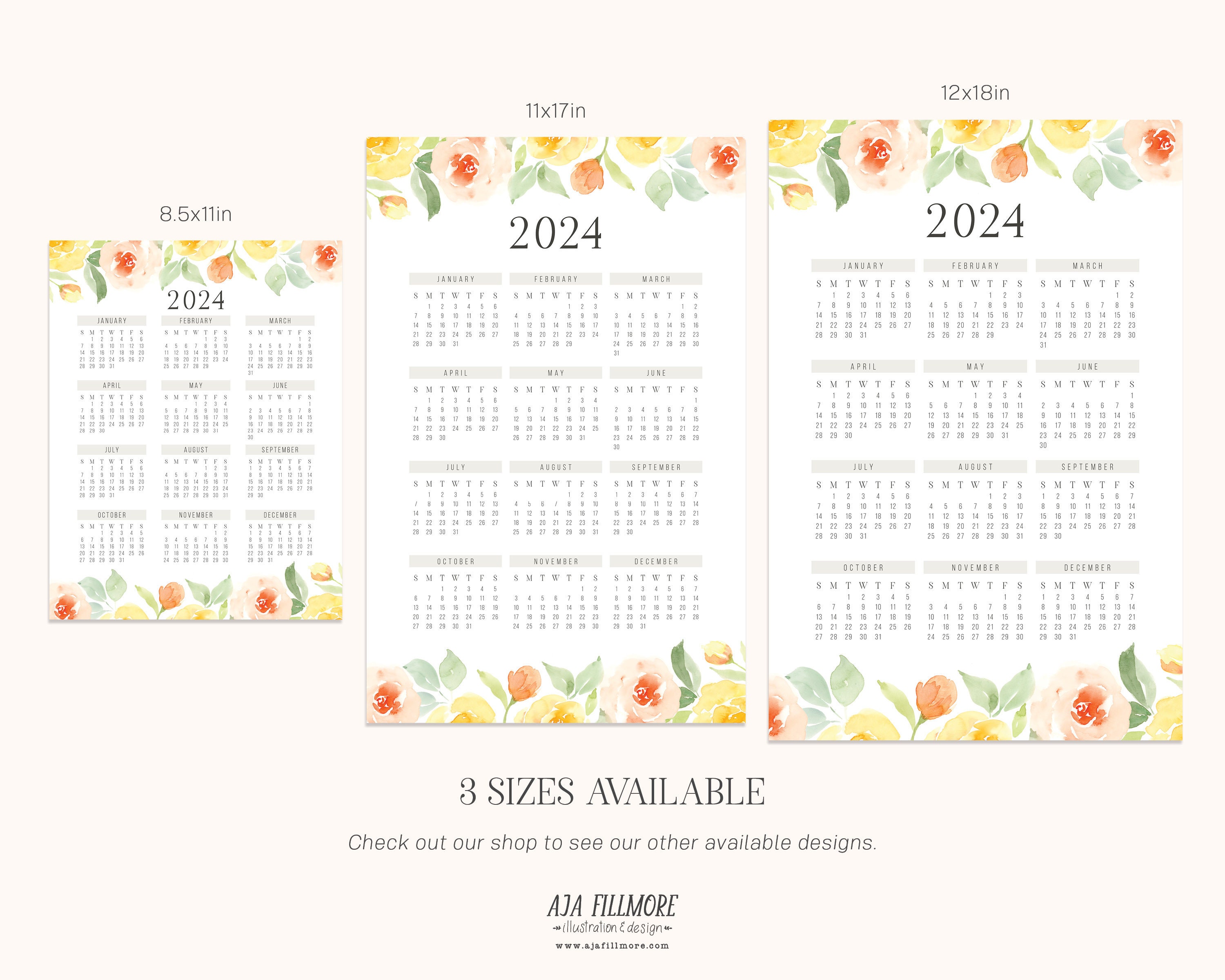 2024 Year at a Glance Calendar, 2024 Wall Calendar, 2024 Digital Wall