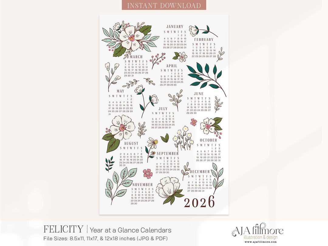 2026 Year at a Glance Calendar, 2026 Wall Calendar, 2025 Digital Wall