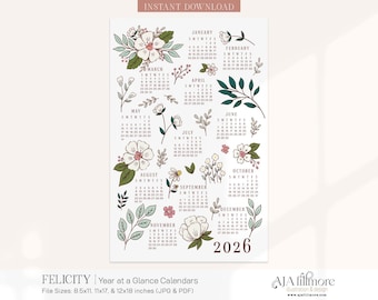 2026 Year at a Glance Calendar, 2026 Wall Calendar, 2025 Digital wall calendar, Printable Calendar, 2026 Year at a Glance Printable Calendar
