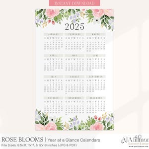 2025 Year at a Glance Calendar, 2025 Wall Calendar, 2025 Digital wall calendar, Printable Calendar, 2025 Year at a Glance Printable Calendar