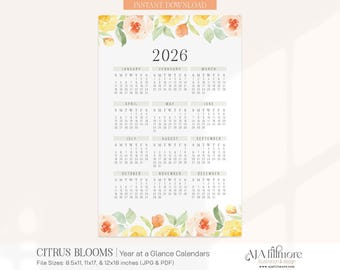 2026 Year at a Glance Calendar, 2026 Wall Calendar, 2026 Watercolor calendar, Printable Calendar, 2026 Year at a Glance Printable Calendar