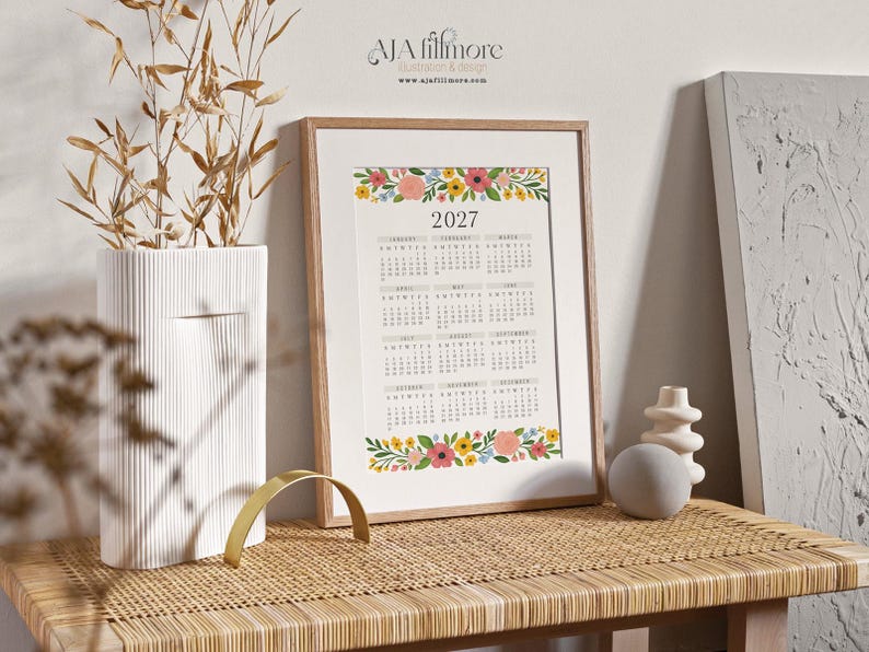 2027 Printable Calendar, Floral Year at a Glance PDF, One Page Wall Art ...