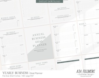 May include: A printable business goal planner with a gray and white color scheme. The planner includes sections for weekly goals, quarterly goals, ongoing goals, daily tasks, and a calendar. The planner is 8.5 by 11 inches and has over 130 pages.