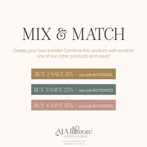 May include: A graphic with the text "MIX & MATCH" and instructions to create a bundle by combining products and saving money.  Three buttons with different discount offers are shown: "BUY 2 SAVE 15%", "BUY 3 SAVE 25%", and "BUY 4 SAVE 35%".  Each button includes a discount code to use at checkout.