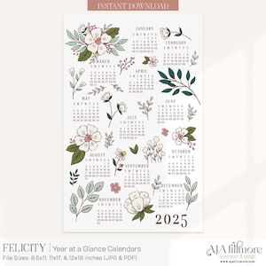 2025 Year at a Glance Calendar, 2025 Wall Calendar, 2025 Digital wall calendar, Printable Calendar, 2025 Year at a Glance Printable Calendar