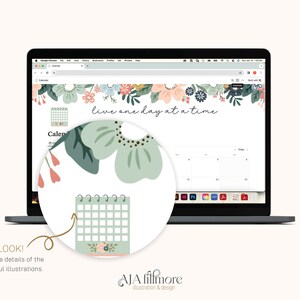 May include: A laptop computer screen displaying a floral desktop background with the text "live one day at a time". The background also includes a calendar with a floral design.