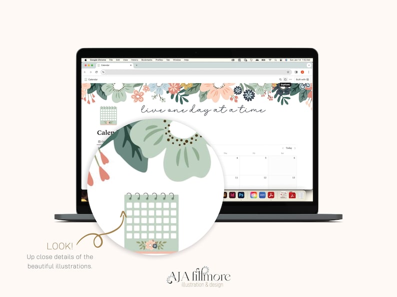 May include: A laptop computer screen displaying a floral desktop background with the text "live one day at a time". The background also includes a calendar with a floral design.