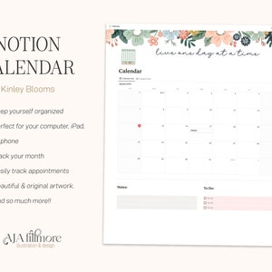 May include: A printable Notion calendar template with a floral design and the text "live one day at a time". The calendar is for January 2023 and includes sections for notes and to-do lists.