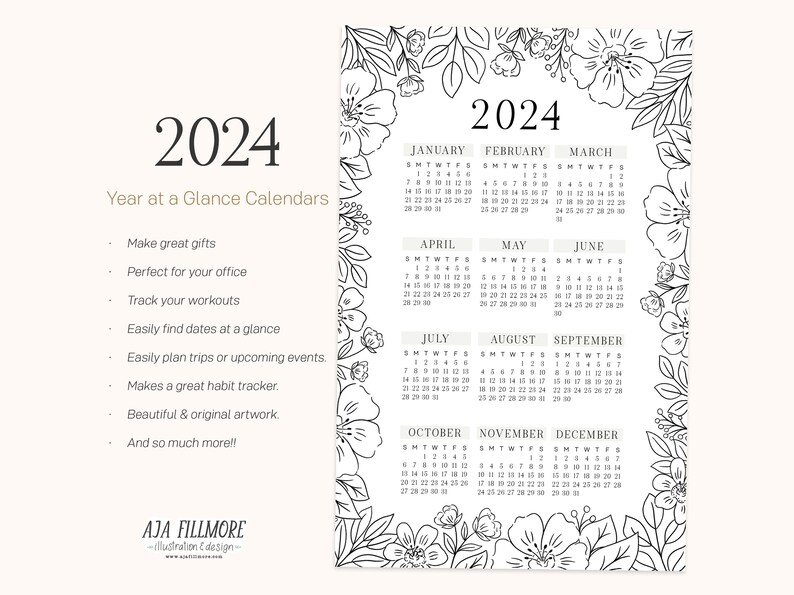 2024 Year at a Glance Calendar, 2024 Wall Calendar, 2024 Digital Wall